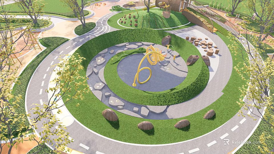 Scenic Park Landscape Featuring Circular Lawn With Yellow Sculpture Stone Pathways Trees And Stone Decorations 3d model 