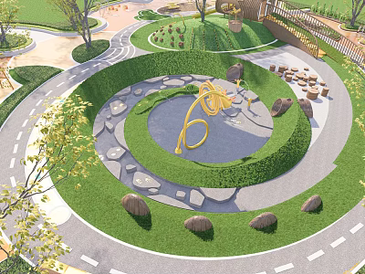 Scenic Park Landscape Featuring Circular Lawn With Yellow Sculpture Stone Pathways Trees And Stone Decorations 3d model