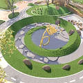 Scenic Park Landscape Featuring Circular Lawn With Yellow Sculpture Stone Pathways Trees And Stone Decorations