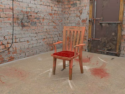Accent Chair With Red Cushion And Wooden Frame In Brick Wall Room With Wooden Door 3d model