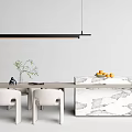Modern Dining Table Set With White Chairs Marble Countertop And Hanging Light 3d model