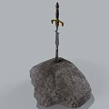 Medieval Iron Sword with Ornate Golden Hilt Embedded in Large Rocky Stone