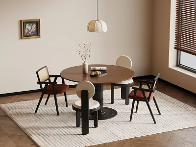 Modern Round Dining Table Set With Four Chairs Hanging Pendant Light Rug And Wall Art 3d model