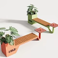 Modern Outdoor Chairs With Wooden Seats Orange And Green Planter Bases And Green Plants