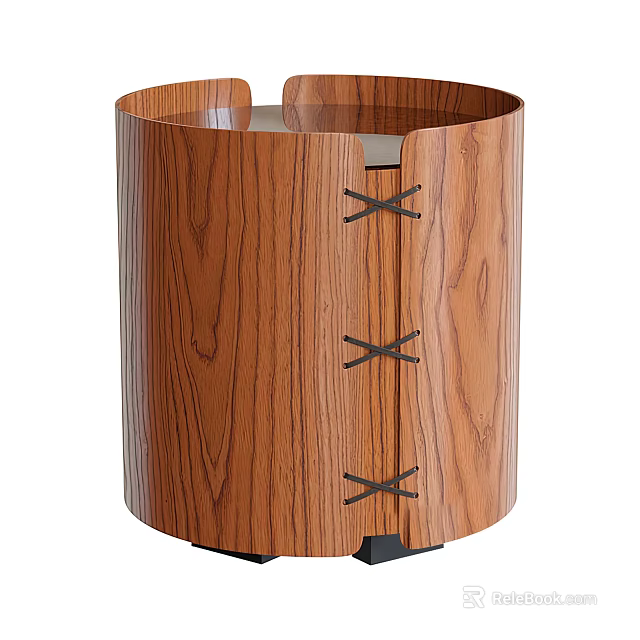 Round Wooden Side Table with Natural Wood Grain Black Crisscross Straps and Cylindrical Design 3d model 
