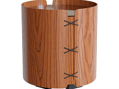 Round Wooden Side Table with Natural Wood Grain Black Crisscross Straps and Cylindrical Design 3d model