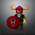 Lego Minifigure With Red Hair Yellow Horns Black Tuxedo Red Shield Black Emblem Spring Weapon