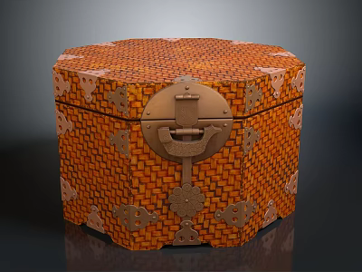Octagonal Orange Woven Storage Box With Metal Clasp And Decorative Patterns 3d model