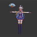 3D Model Anime Style Game Character With Light Blue Hair Blue Dress And Decorative Fan