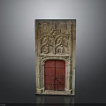 Ornate Architectural Facade Featuring Intricate Carved Details And Red Wooden Door