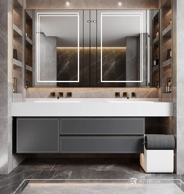 Modern Bathroom Vanity Set With Double Sinks Backlit Mirrors Marble Countertop And Grey Storage Cabinets 3d model 