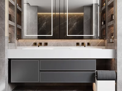 Modern Bathroom Vanity Set With Double Sinks Backlit Mirrors Marble Countertop And Grey Storage Cabinets 3d model