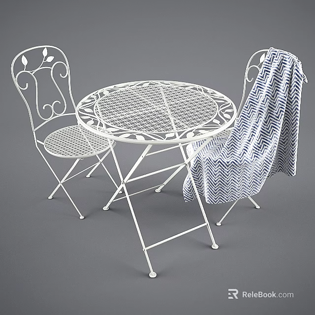 White Metal Outdoor Table with Ornate Design and Chairs Covered in Chevron Blanket for Patio 3d model 