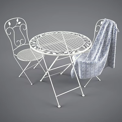 White Metal Outdoor Table with Ornate Design and Chairs Covered in Chevron Blanket for Patio 3d model
