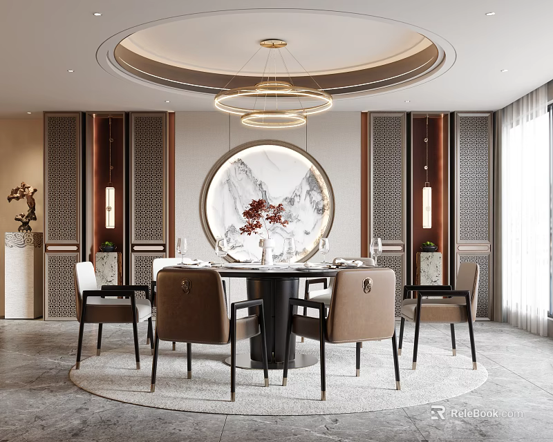 Elegant Restaurant Interior With Round Dining Table And Modern Chairs 3d model
