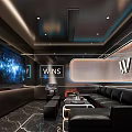 Modern KTV Room Interior Design Features Large Screen Black Sofas Marble Flooring And WINS Logo 3d model