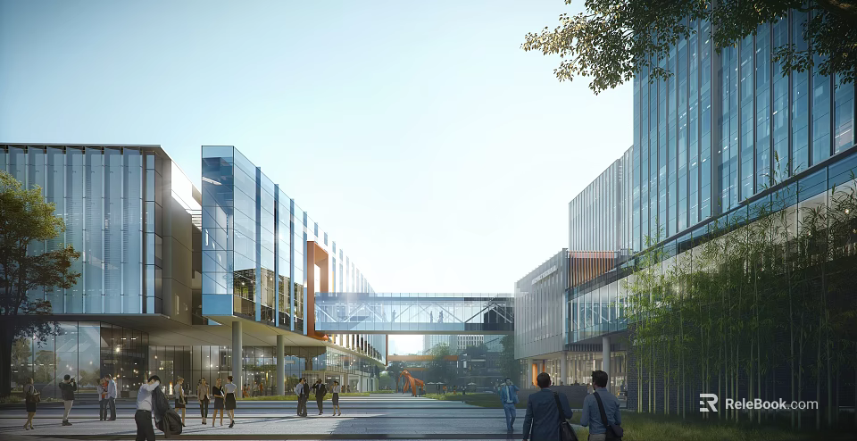 Modern Commercial Street with Glass Facade Buildings Pedestrian Bridge and Busy Pedestrians Near Green Trees 3d model 
