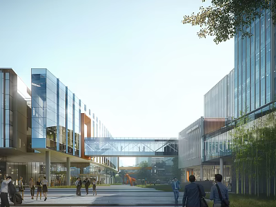 Modern Commercial Street with Glass Facade Buildings Pedestrian Bridge and Busy Pedestrians Near Green Trees 3d model