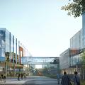 Modern Commercial Street with Glass Facade Buildings Pedestrian Bridge and Busy Pedestrians Near Green Trees