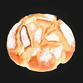 Freshly Baked Round Bread with Cracked Surface Dusted with Powdered Sugar and Golden Brown Crust