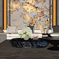 Modern Light Colored Sofa Coffee Table Set with White Flower Vase and Gold Decorative Wall 3d model