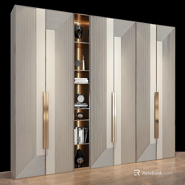 Elegant Modern Decorative Cabinet With Vertical Stripe Design Golden Handles Open Shelves And Decorations 3d model 