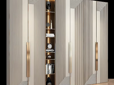 Elegant Modern Decorative Cabinet With Vertical Stripe Design Golden Handles Open Shelves And Decorations 3d model