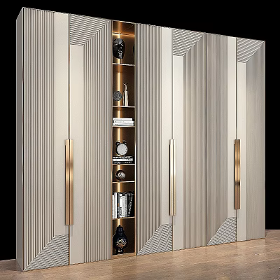 Elegant Modern Decorative Cabinet With Vertical Stripe Design Golden Handles Open Shelves And Decorations 3d model