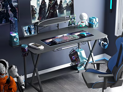 Modern Gaming Desk Setup With RGB Keyboard Mouse Headphones LED Lights And Gaming Chair 3d model