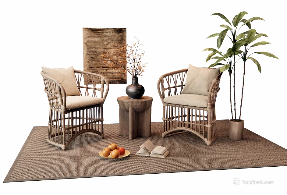 Wicker Lounge Chairs With Light Cushions Wooden Table Brown Rug Fruits Book And Green Plant 3d model 