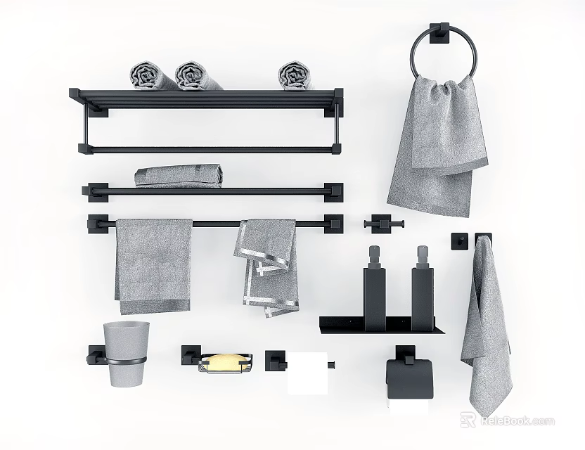 Modern Minimalist Bathroom Accessories With Black Towel Racks Towels Tumbler And Soap Dish 3d model 