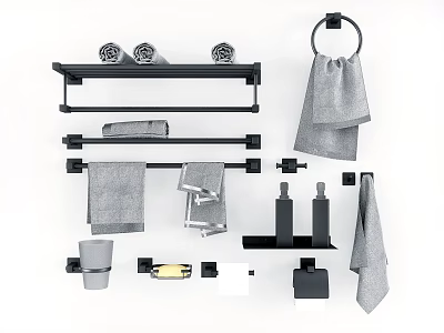 Modern Minimalist Bathroom Accessories With Black Towel Racks Towels Tumbler And Soap Dish 3d model