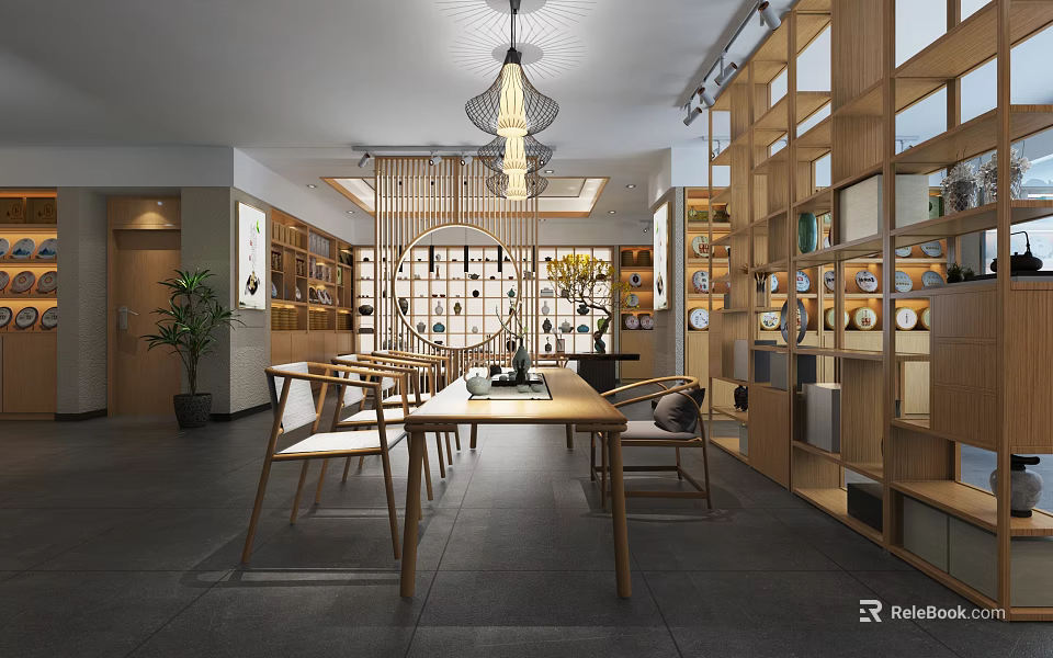 Bright Modern Specialty Store Interior With Wooden Shelves Pendant Lamp Tables And Displayed Goods 3d model 