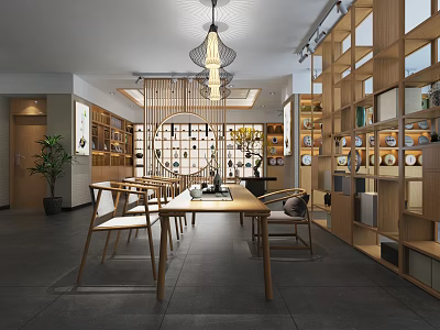 Bright Modern Specialty Store Interior With Wooden Shelves Pendant Lamp Tables And Displayed Goods 3d model