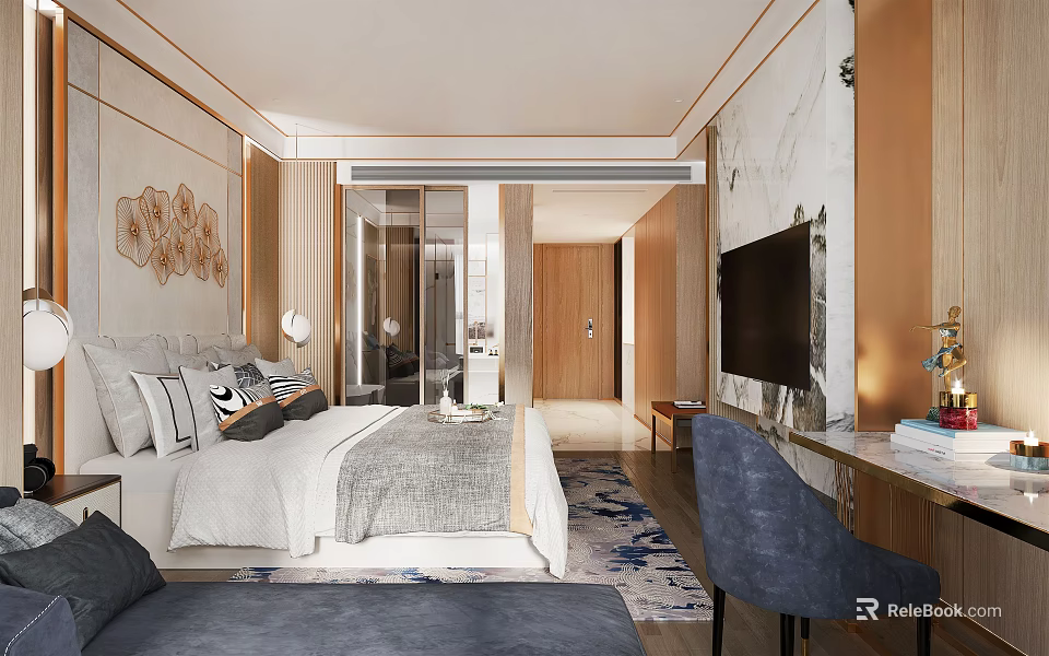 Modern Luxury Hotel Room with Bed White Gray Bedding Blue Chair TV and Marble Accent Wall 3d model 