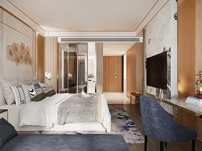 Modern Luxury Hotel Room with Bed White Gray Bedding Blue Chair TV and Marble Accent Wall 3d model