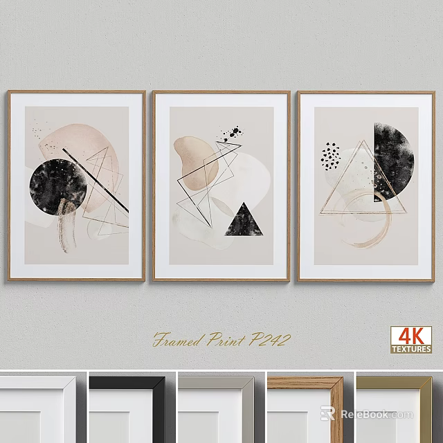 Set of Three Modern Framed Prints with Geometric Patterns and Neutral Tones 3d model