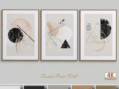 Set of Three Modern Framed Prints with Geometric Patterns and Neutral Tones 3d model