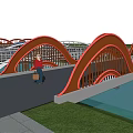 Multiple Arched Landscape Bridges With Red Blue White Design Over Green Lawn And Water Area