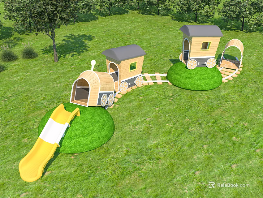 Outdoor Playground Equipment with Yellow Slide and Wooden Train Carriages on Green Grass with Trees 3d model 
