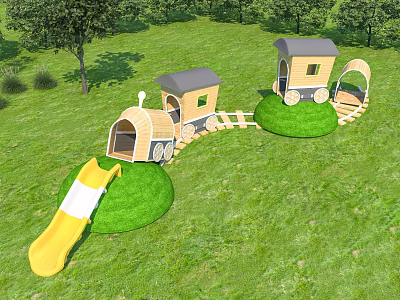 Outdoor Playground Equipment with Yellow Slide and Wooden Train Carriages on Green Grass with Trees 3d model