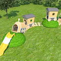Outdoor Playground Equipment with Yellow Slide and Wooden Train Carriages on Green Grass with Trees