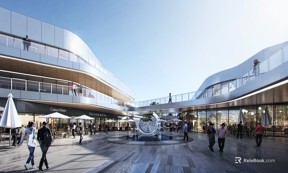 Vibrant Commercial Street With Modern Architecture Glass Facades Pedestrians And Central Fountain 3d model 