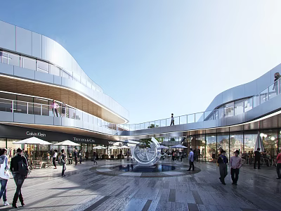 Vibrant Commercial Street With Modern Architecture Glass Facades Pedestrians And Central Fountain 3d model