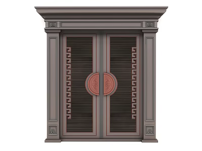 Double Panel Chinese Style Security Door with Brass Knockers and Carved Patterns 3d model
