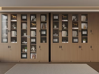 Modern Wooden Storage Cabinets with Glass Doors Displaying Books Decorative Items and Potted Plants 3d model