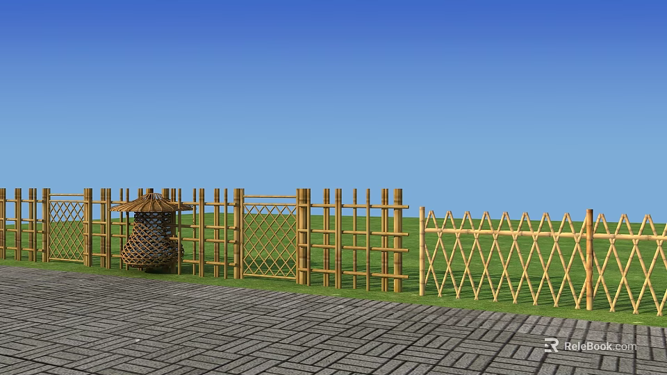 Bamboo Garden Fence With Lattice Design Decorative Elements And Paved Ground Under Blue Sky 3d model 