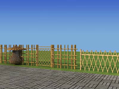 Bamboo Garden Fence With Lattice Design Decorative Elements And Paved Ground Under Blue Sky 3d model