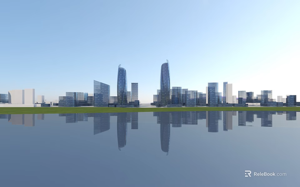 Scenic Modern City Skyline With Clear Blue Sky And Water Surface Reflections 3d model 