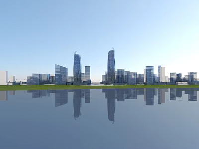 Scenic Modern City Skyline With Clear Blue Sky And Water Surface Reflections 3d model
